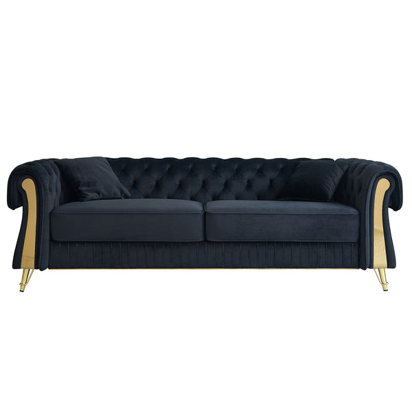 English Elm 89''W Chesterfield Modern Tufted Velvet Sofa with Pocket Springs, Gold Trim & Removable Cushions Black W579S00038