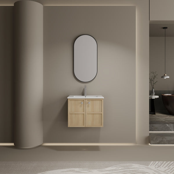 English Elm 24" Modern Wall Vanity with Ceramic Sink, Oak Plywood Cabinet, 2 Soft-Close Doors, Handles Included W1972S00021