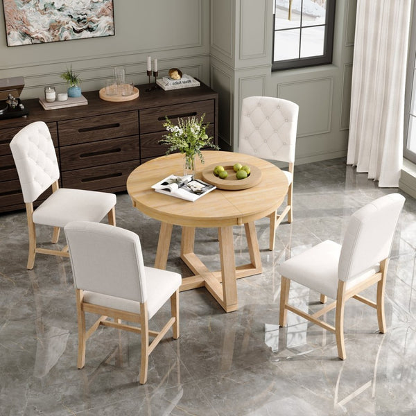 English Elm Trexm Retro 5 Piece Extendable Round Dining Set with Button Tufted Upholstered Chairs Natural ST000094AAN-2026