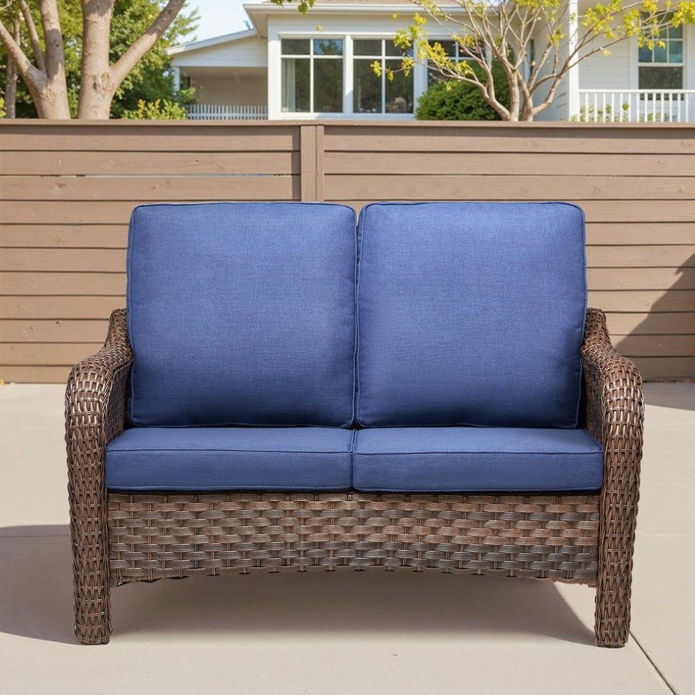 English Elm 49.6" Pe Wicker Patio Loveseat All-weather Steel Frame Deep Seat Outdoor Sofa Blue T3773P417379
