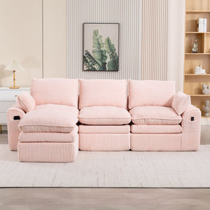 English Elm L Shaped Corduroy Modular Sectional with Cloud Cushions Footstool and Lumbar Pillows Pink W395S00138