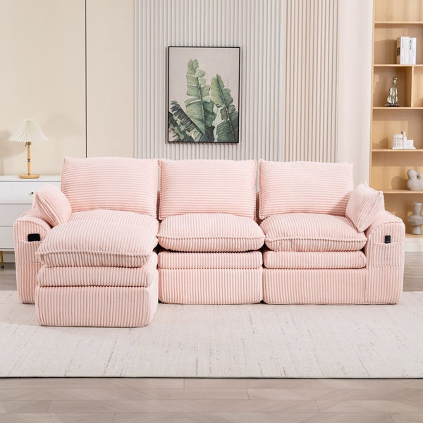 English Elm L Shaped Corduroy Modular Sectional with Cloud Cushions Footstool and Lumbar Pillows Pink W395S00138