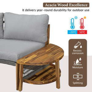 English Elm U_style Circular Patio Sofa Set Pp Rope Woven Steel Frame Acacia Wood Resort Lounge Grey WY000468AAE