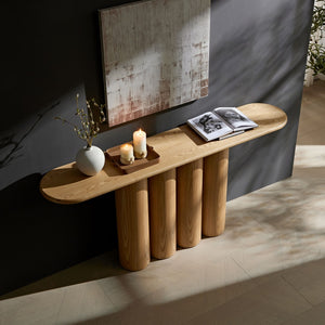 English Elm 66.93'' Slim Matte Console Table with Sculptural Cylinder Legs for Entryway or Foyer Natural W876S00338