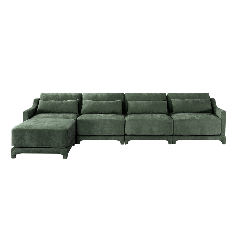 English Elm Four-Seater Sofa With Movable Ottoman - Elegant Green Chenille, Ergonomic Design & Easy Assembly W714S01221