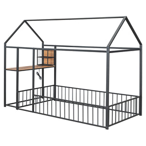 English Elm Twin House Bed Frame with Roof & Fence, Metal Twin Loft with Built-In Desk Shelves USB Outlets Black N737P173490B