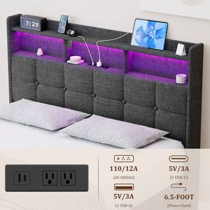English Elm Queen LED Bed Frame with Linen Headboard, 2 Drawers, Fast Charging Ports, Remote RGB Nightlight W1550P190362