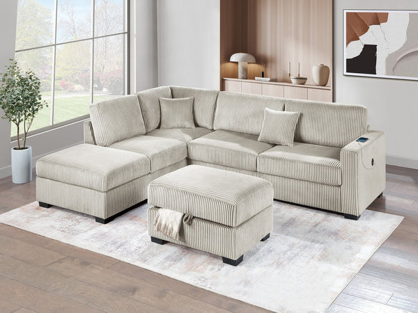 English Elm Camel Wide-Welt Corduroy Sectional Sofa Set with Reversible Chaise, USB & Storage Ottoman, Plush B011S01772