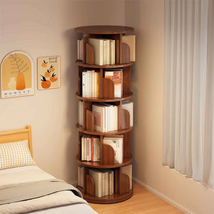 English Elm 5 Tier Rotating Bookshelf Tower with 360° Spin, Space-Saving Corner Display, Modern MDF Storage Unit Walnut W3204P355670