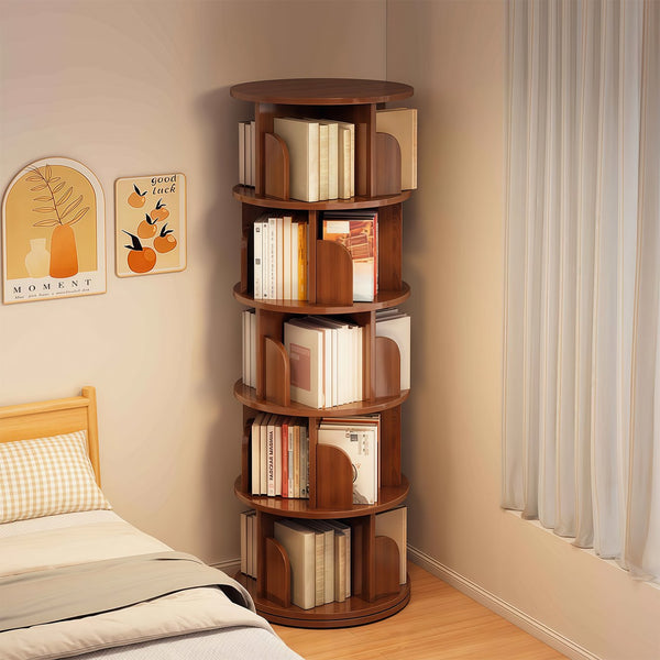 English Elm 5 Tier Rotating Bookshelf Tower with 360° Spin, Space-Saving Corner Display, Modern MDF Storage Unit Walnut W3204P355670