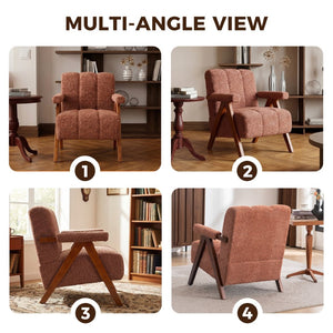 English Elm Mid-century Modern Chenille Lounge Chair Set Oak Frame Cloud Silhouette Living Room Rust Red W1170S00049