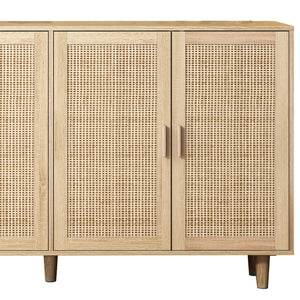 English Elm 62.20"Elegant 4-Door Rattan Storage Cabinet with Solid Wood Legs, Spacious Shelves & Easy Assembly Natural W757P190066