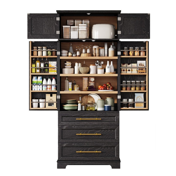 English Elm K&k Farmhouse Pantry Cabinet Tall Freestanding Kitchen Storage with Drawers Shelves Black N707P356569B
