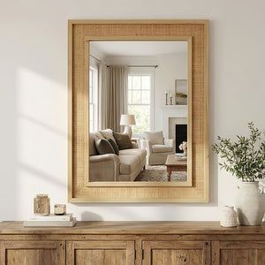 English Elm Natural Rattan Wrapped Solid Wood Frame Rectangle Mirror for Farmhouse Entryway Bath Natural Wood W2203P436620