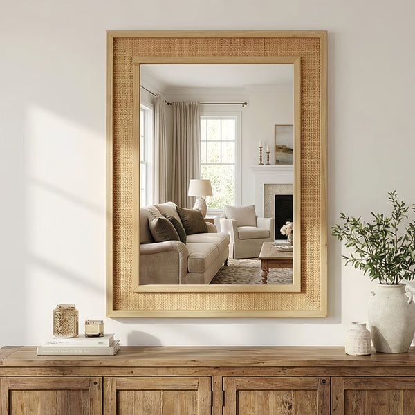 English Elm Natural Rattan Wrapped Solid Wood Frame Rectangle Mirror for Farmhouse Entryway Bath Natural Wood W2203P436620