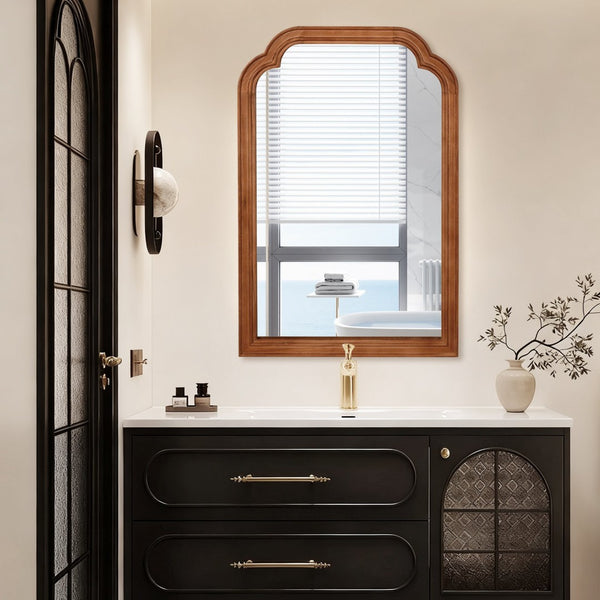 English Elm Yellowish Brown Decorative Mirror 24" X 36" - Solid Wood Rounded Corner Accent For Any Room W2203P389100-GIGA