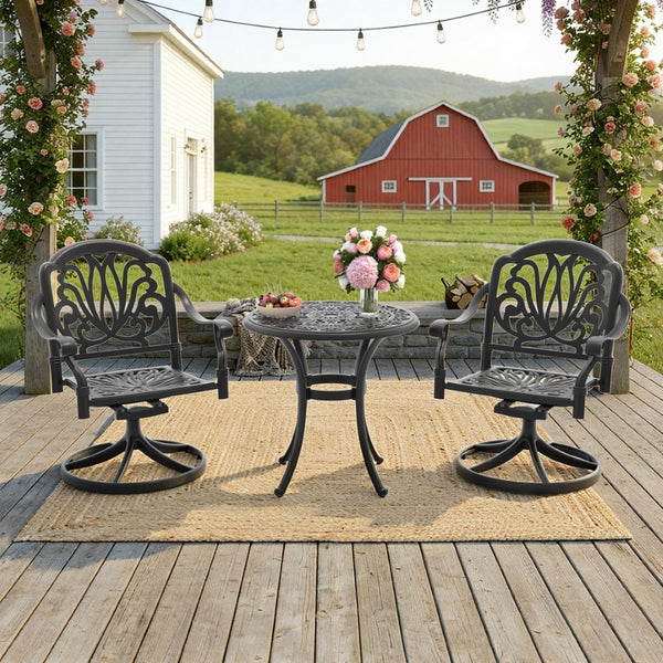 English Elm 3-piece Cast Aluminum Outdoor Bistro Set with Swivel Chairs and Round Patio Table W1710S00678