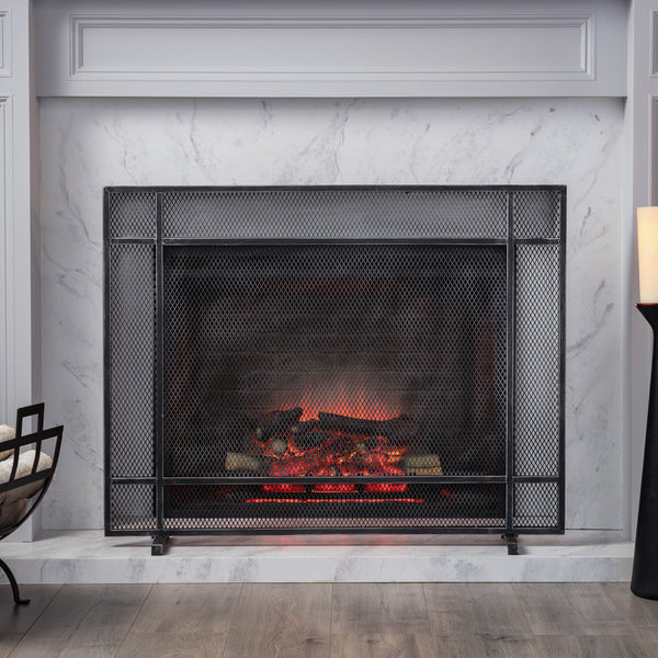 English Elm Christopher Knight Home® - FIRE Markus Modern Single Panel Iron Firescreen with Brushed Silver Finish, Minimalist Mesh Guard Black+Silver 65183.00BBSILV
