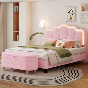 English Elm 2-Pieces Bedroom Sets Full Size Flower-Shaped Upholstered Led Platform Bed With Storage Ottoman-Sherpa Fabric, Pink