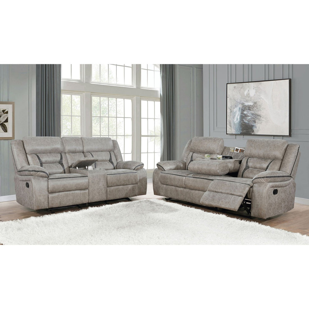 English Elm Brazelton 2-Piece Manual Reclining Sofa & Glider Loveseat Set with Leather, Cup Holders, USB Power taupe B062S00845