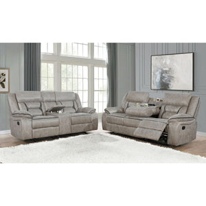 English Elm Brazelton 2-Piece Manual Reclining Sofa & Glider Loveseat Set with Leather, Cup Holders, USB Power taupe B062S00845