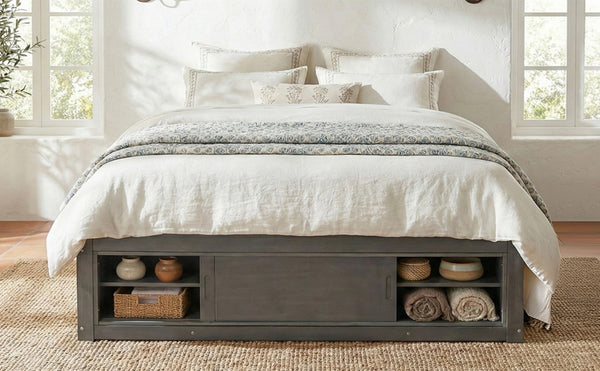 English Elm Queen Platform Bed with Four Storage Drawers Footboard Cubby Modern Low Profile Frame Gray LP000138AAE