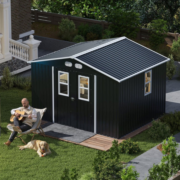 English Elm Outdoor Metal Storage Shed 8x10 with Four Windows Lockable Doors Waterproof Steel W1598S00038