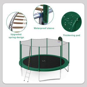 English Elm 14ft Round Backyard Trampoline with Enclosed Safety Net Basketball Hoop and Ladder Green N739S000003F
