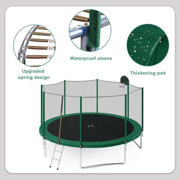 English Elm 14ft Round Backyard Trampoline with Enclosed Safety Net Basketball Hoop and Ladder Green N739S000003F