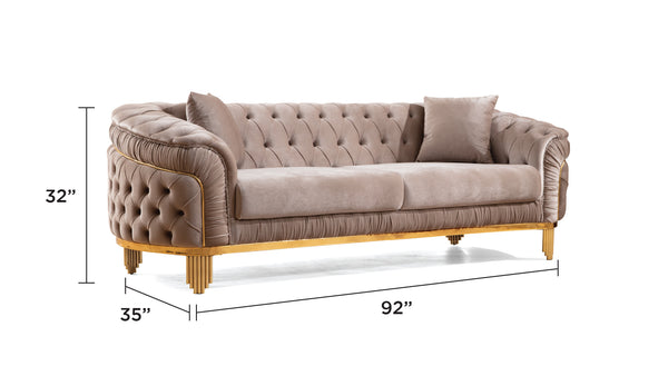 English Elm Vanessa Velvet Button Tufted Sofa Taupe with Gold Waterfall Legs, Flared Arms, Coil Springs & 2 Pillows 698781110416