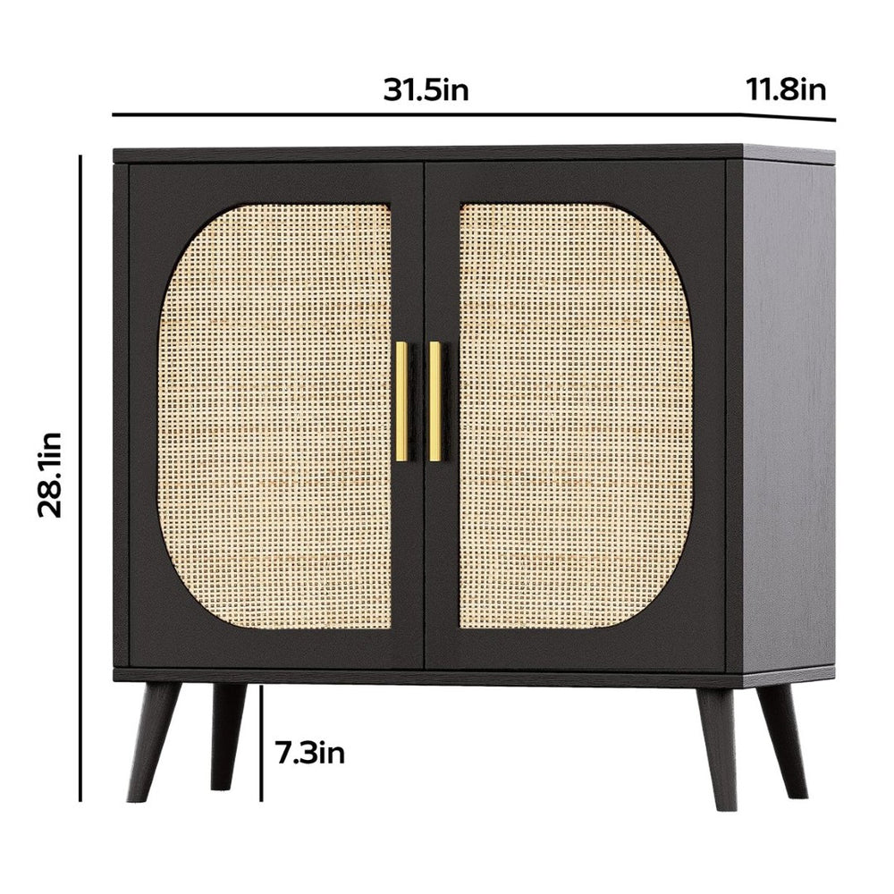 English Elm Buffet Cabinet Rattan Door Panels Solid Wood Feet Farmhouse Style Entryway Storage Black W2386P207791