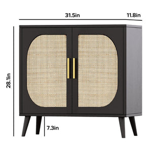 English Elm Buffet Cabinet Rattan Door Panels Solid Wood Feet Farmhouse Style Entryway Storage Black W2386P207791