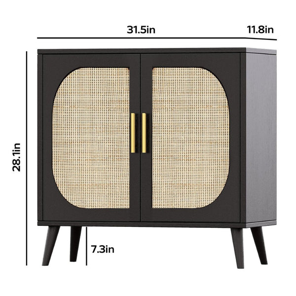 English Elm Buffet Cabinet Rattan Door Panels Solid Wood Feet Farmhouse Style Entryway Storage Black W2386P207791