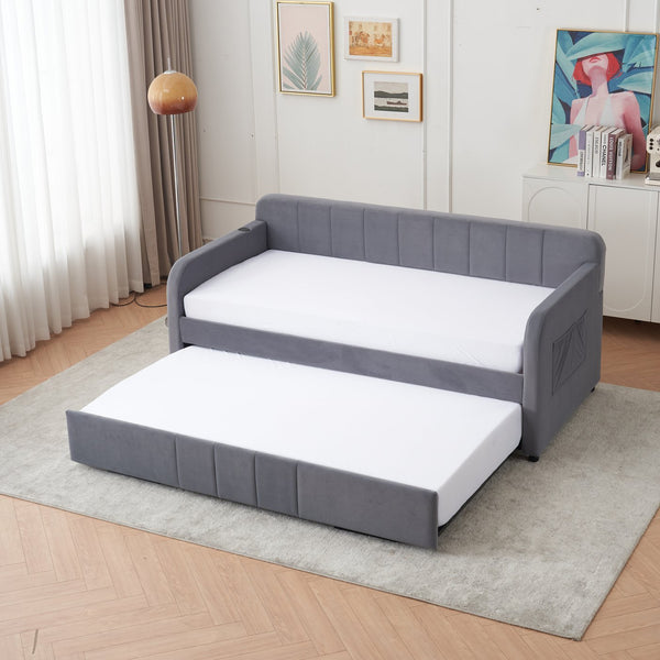 English Elm Twin Upholstered Daybed with Trundle Sofa Bed for Guest Room, Pine Wood Frame, Velvet Upholstery, Sturdy Slat Support and Full-Length Comfort Grey W1361S00022