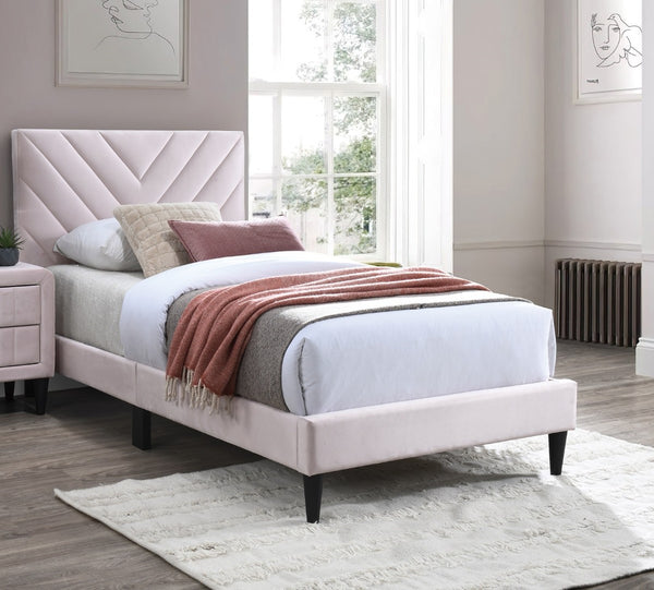 English Elm 1pc Twin Platform Bed Velvet Upholstered Adjustable Headboard V-stitch Blush Bedroom Light Pink B011P415213