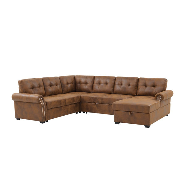 English Elm Linen Blend U-shape Sectional Sleeper with Tufted Back and Hidden Storage Chaise B2748S00011