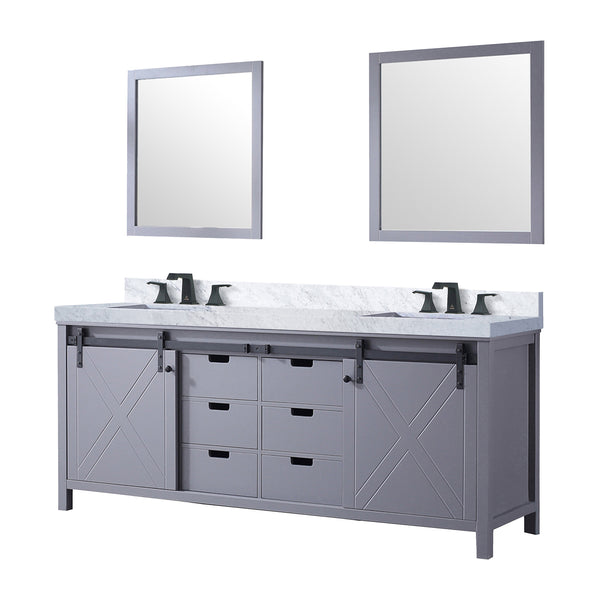 English Elm Dark Grey Double Bath Vanity 80 in. W x 22 in. D with Carrara Marble Top, Matte Black Faucets, Mirrors B2731S01075