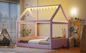 English Elm Full Size Upholstered House Daybed With Led Lights – Cozy Pink Retreat For Kids & Guests N7500001335H