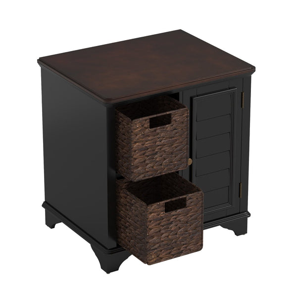 English Elm U Can Louvered End Table with Woven Grass Baskets Ottoman Legs Farmhouse Storage Black N724P401353B