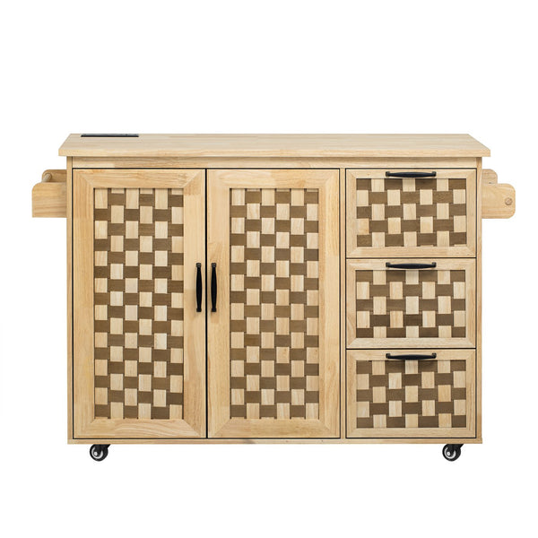English Elm K&K Vintage Woven Checkerboard Kitchen Island 53.2" with Drop Leaf, Power Outlet, 5 Wheels, Storage N707P215328Y