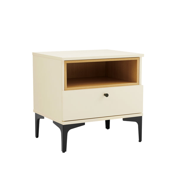 English Elm Amara Mid-Century Nightstand with Open Shelf and Full-Extension Drawer, Black Metal Legs, Compact Cream B365P398184