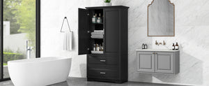 English Elm Tall Bathroom Storage Cabinet – Slim Black MDF Organizer with 2 Doors, 2 Drawers, Adjustable Shelves, Anti-Tip Device N725P172882B