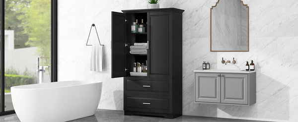 English Elm Tall Bathroom Storage Cabinet – Slim Black MDF Organizer with 2 Doors, 2 Drawers, Adjustable Shelves, Anti-Tip Device N725P172882B