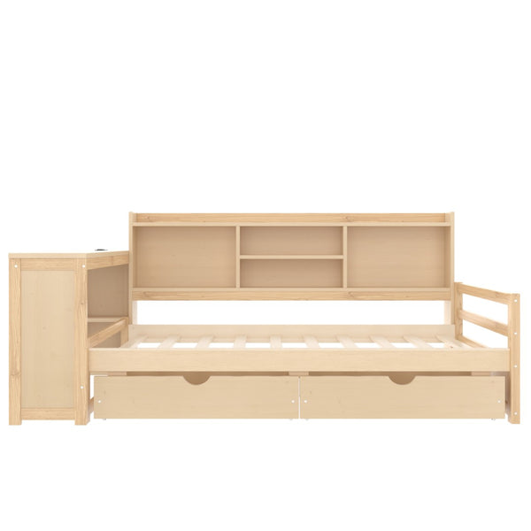 English Elm Twin Corner Daybed Pine Frame Built in Desk Bookcase Drawers Charging Kids Room Natural W697S00042