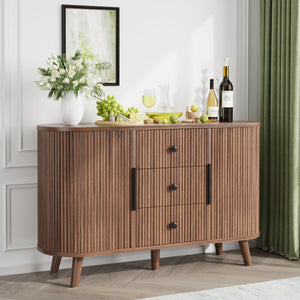 English Elm Sideboard Fluted Credenza with Three Drawers Two Doors Matte Black Modern Storage Walnut T3773P417317