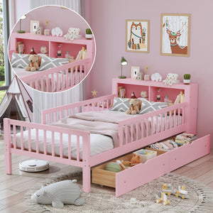 English Elm Twin Size Bed With Pink Finish, Headboard Storage, Under-Bed Drawers & Guardrails For Kids' Safety N733P272374H-GIGA