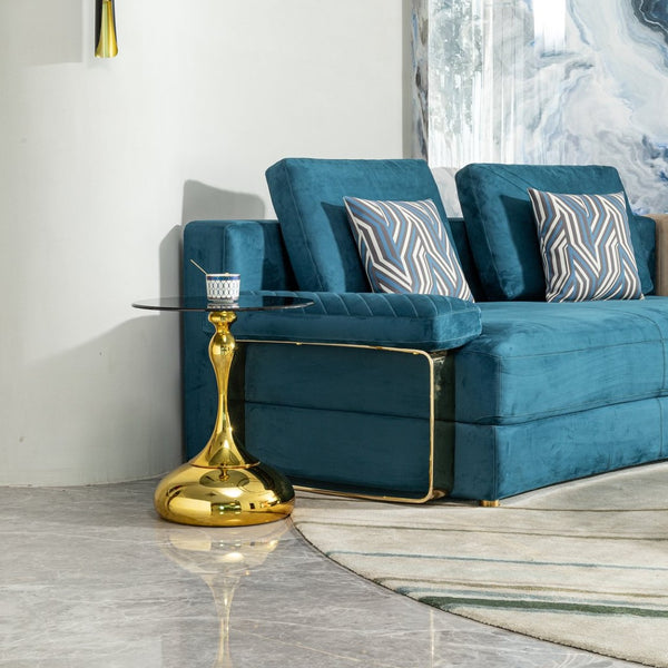 English Elm Small Round Glam Side Table Gold Metal Frame Clear Tempered Glass Top Compact Living Room W2723P262937