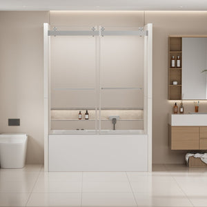 English Elm 56-60 in Frameless Bypass Tub Shower Door Soft Close Tempered Glass Brushed Nickel W1920P385329