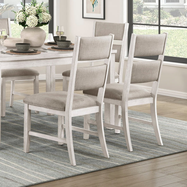 English Elm Modern Farmhouse Dining Set Acacia Veneer Table Six Upholstered Chairs Antique White B011S02063