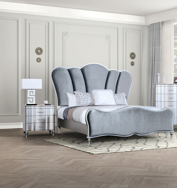 English Elm Lovely Art Deco 3pc Queen Bedroom Set with Light Gray Padded Channel Headboard and Oak Veneer Accents Silver 96 L x 53 W x 6 H B2741S00200